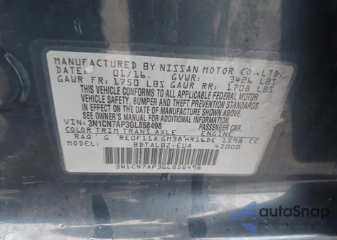 2016 Nissan Versa 1.6 Sv from USA, damaged, VIN 3N1CN7AP3GL858498